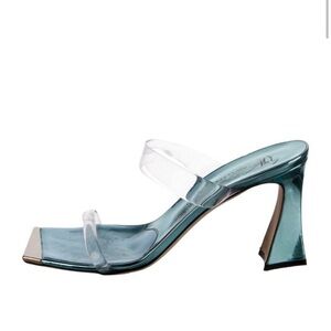 Giuseppe Zanotti Teal Metallic Double Clear-Strap Mid Heel Mule